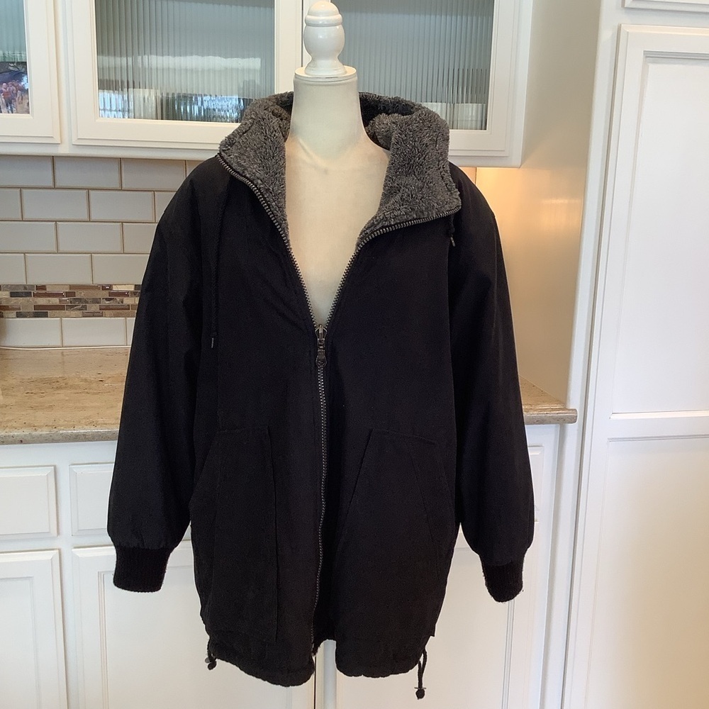 Mulberry Street Men’s Reversible Black Hooded Jacket Size Large Fleece